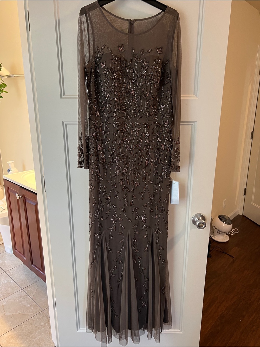 Beaded Illusion Long Sleeve Evening Gown